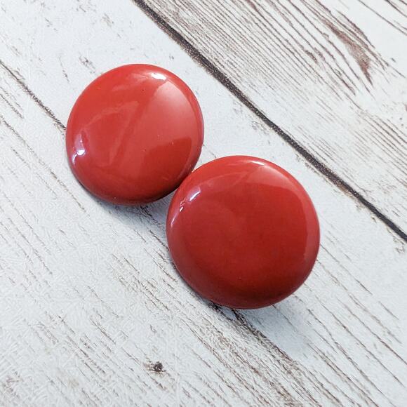 Vintage Earrings For Pierced Ears - Metal Red Circle 0.75"- Broken Stud - Picture 2 of 5